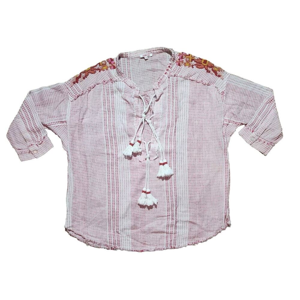 Johnny Was Jacques Lace-Front 3/4-Sleeve Tasseled Embroidered Blouse Women's XS